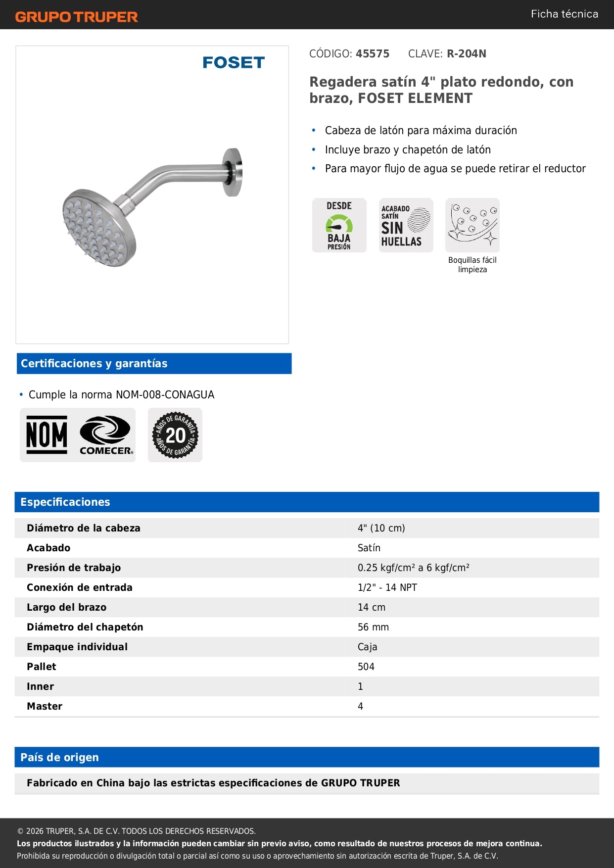 Regadera Satín 4 Pulgadas Plato Redondo con Brazo FOSET ELEMENT - Acabado Premium