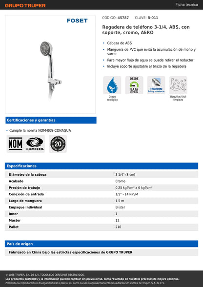 Regadera de Teléfono 3-1/4" ABS Cromada con Cable y Soporte Ajustable AERO FOSET