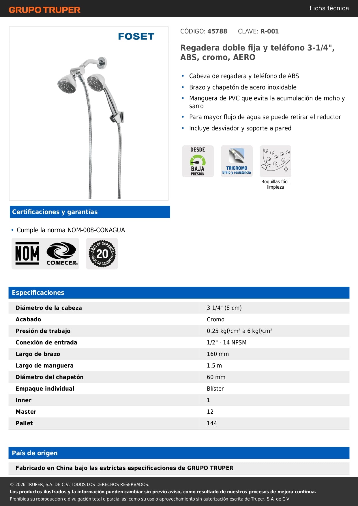 Regadera Doble Fija y Teléfono 3-1/4" Cromo FOSET AERO - ABS Alta Presión
