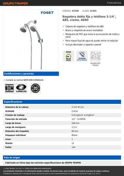 Regadera Doble Fija y Teléfono 3-1/4" Cromo FOSET AERO - ABS Alta Presión