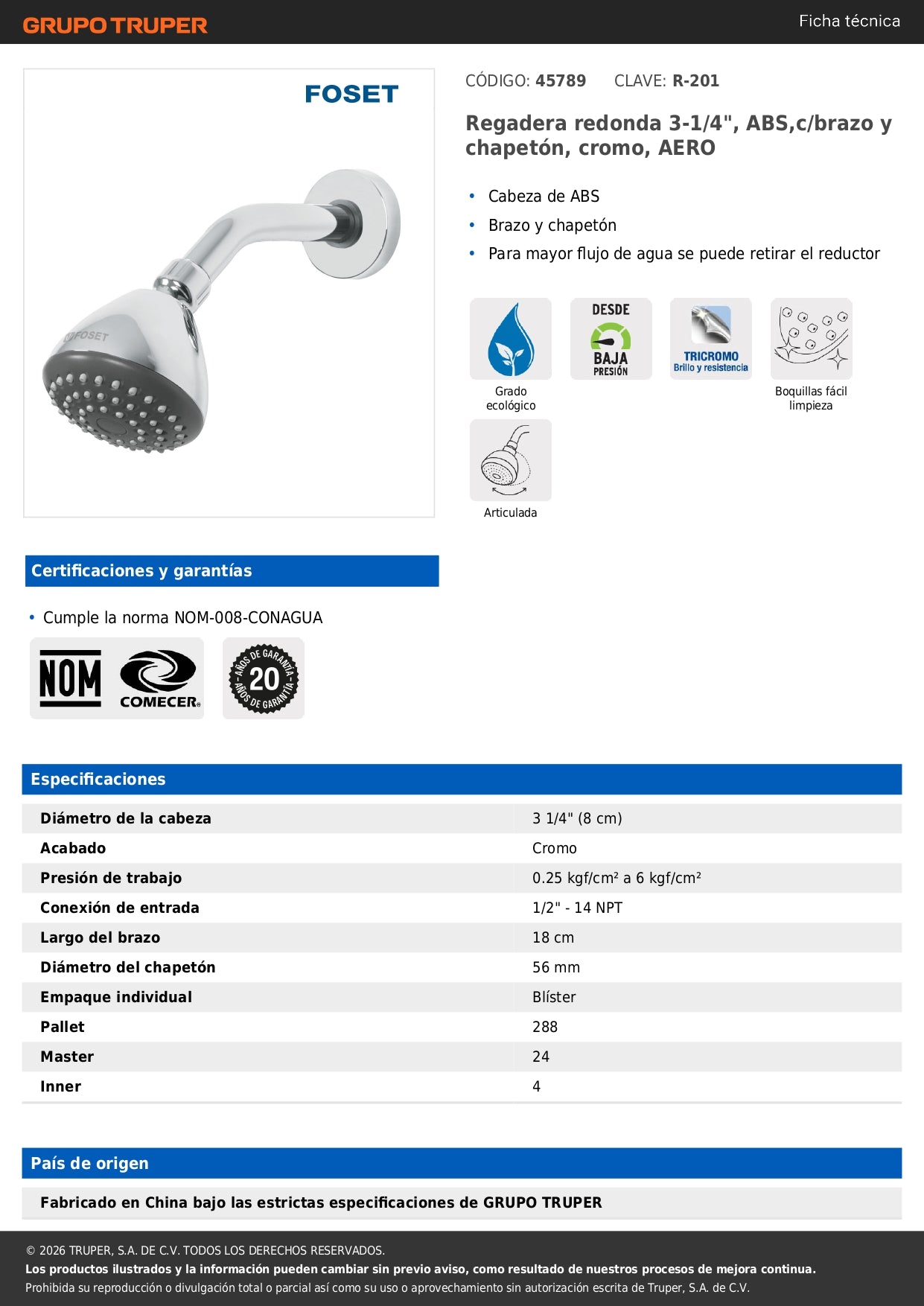 Regadera de Ducha 3-1/4" con Brazo Ajustable y Chapetón Cromado AERO