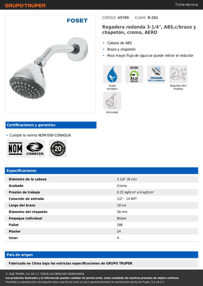 Regadera de Ducha 3-1/4" con Brazo Ajustable y Chapetón Cromado AERO
