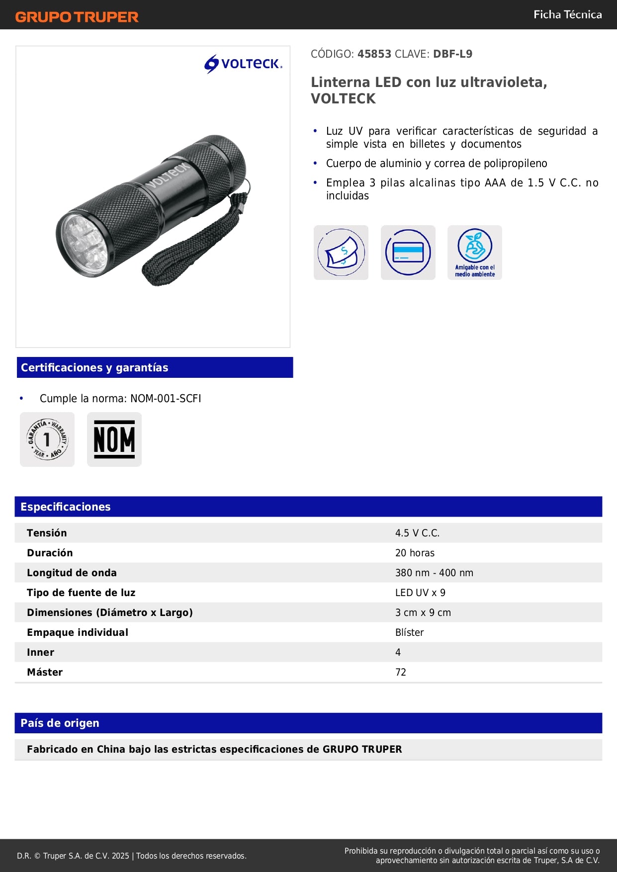 Linterna LED UV VOLTECK DBF-L9 Detector Billetes Falsos Documentos Luz Ultravioleta Profesional Seguridad Autenticación