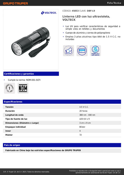 Linterna LED UV VOLTECK DBF-L9 Detector Billetes Falsos Documentos Luz Ultravioleta Profesional Seguridad Autenticación