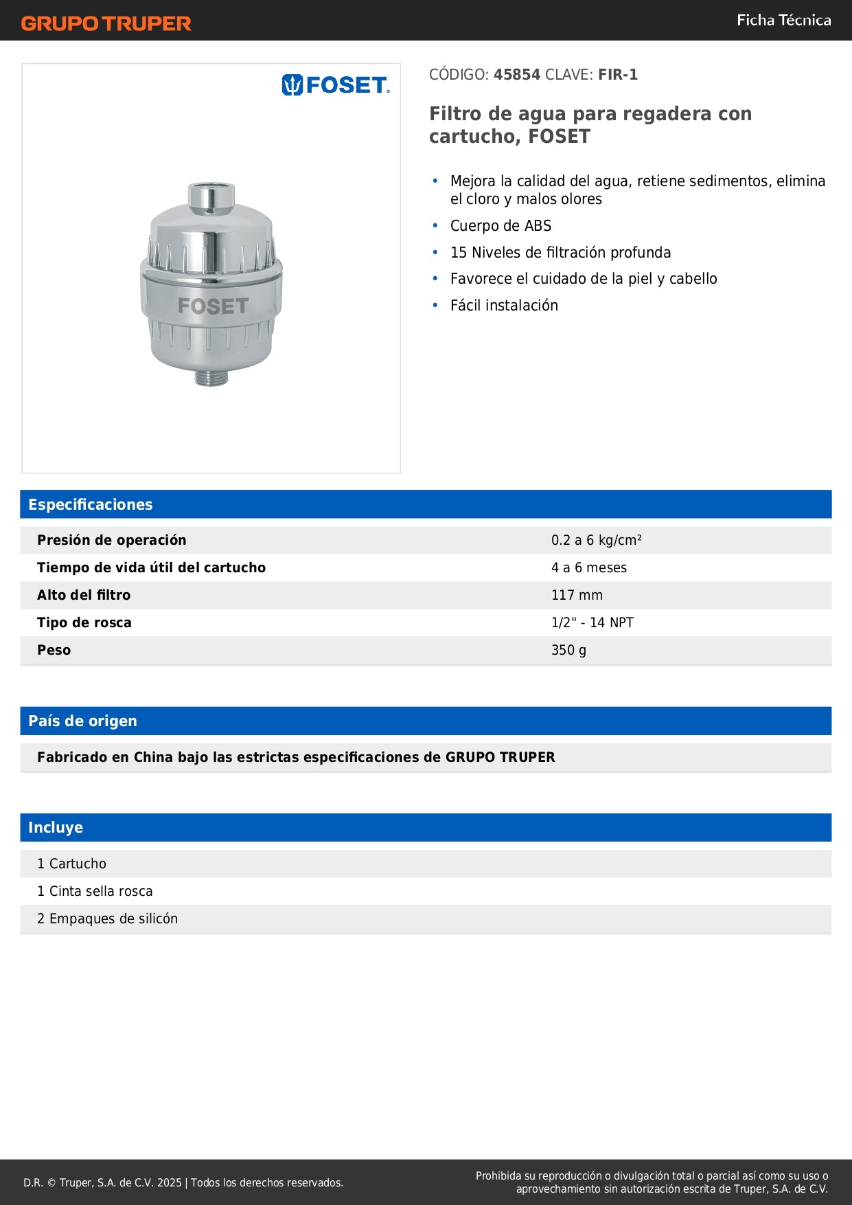 Filtro de Agua para Regadera FOSET FIR-1 - Elimina Cloro y Sedimentos, 15 Niveles de Filtración, Protege Piel y Cabello
