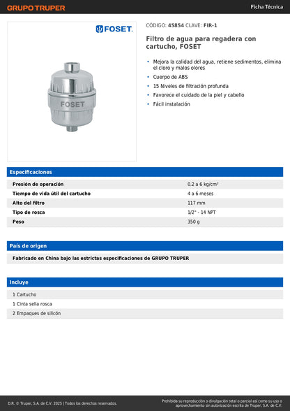 Filtro de Agua para Regadera FOSET FIR-1 - Elimina Cloro y Sedimentos, 15 Niveles de Filtración, Protege Piel y Cabello