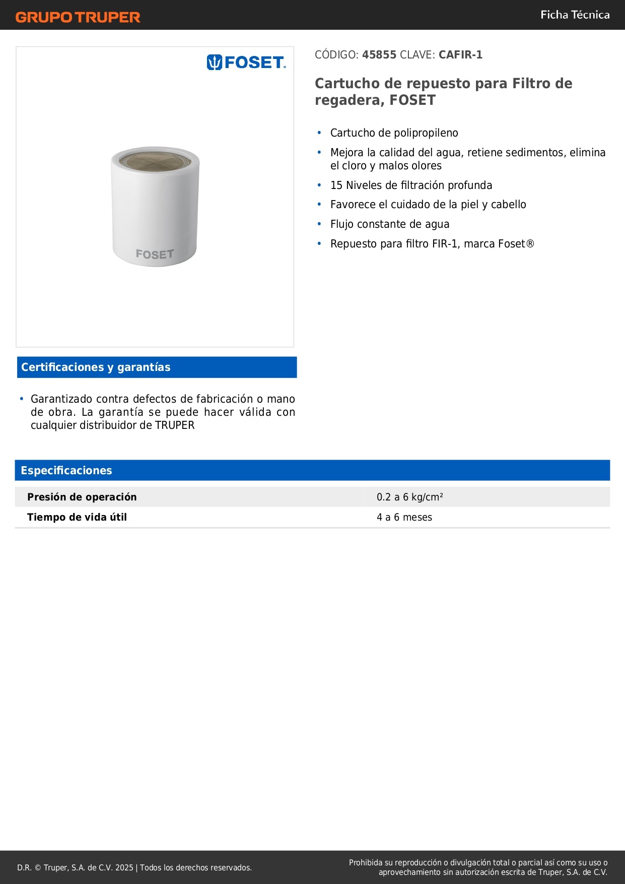 Cartucho Repuesto Filtro Regadera FOSET CAFIR-1 - Elimina Cloro y Sedimentos - 15 Niveles Filtración - Protege Piel y Cabello - Compatible FIR-1