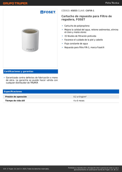 Cartucho Repuesto Filtro Regadera FOSET CAFIR-1 - Elimina Cloro y Sedimentos - 15 Niveles Filtración - Protege Piel y Cabello - Compatible FIR-1