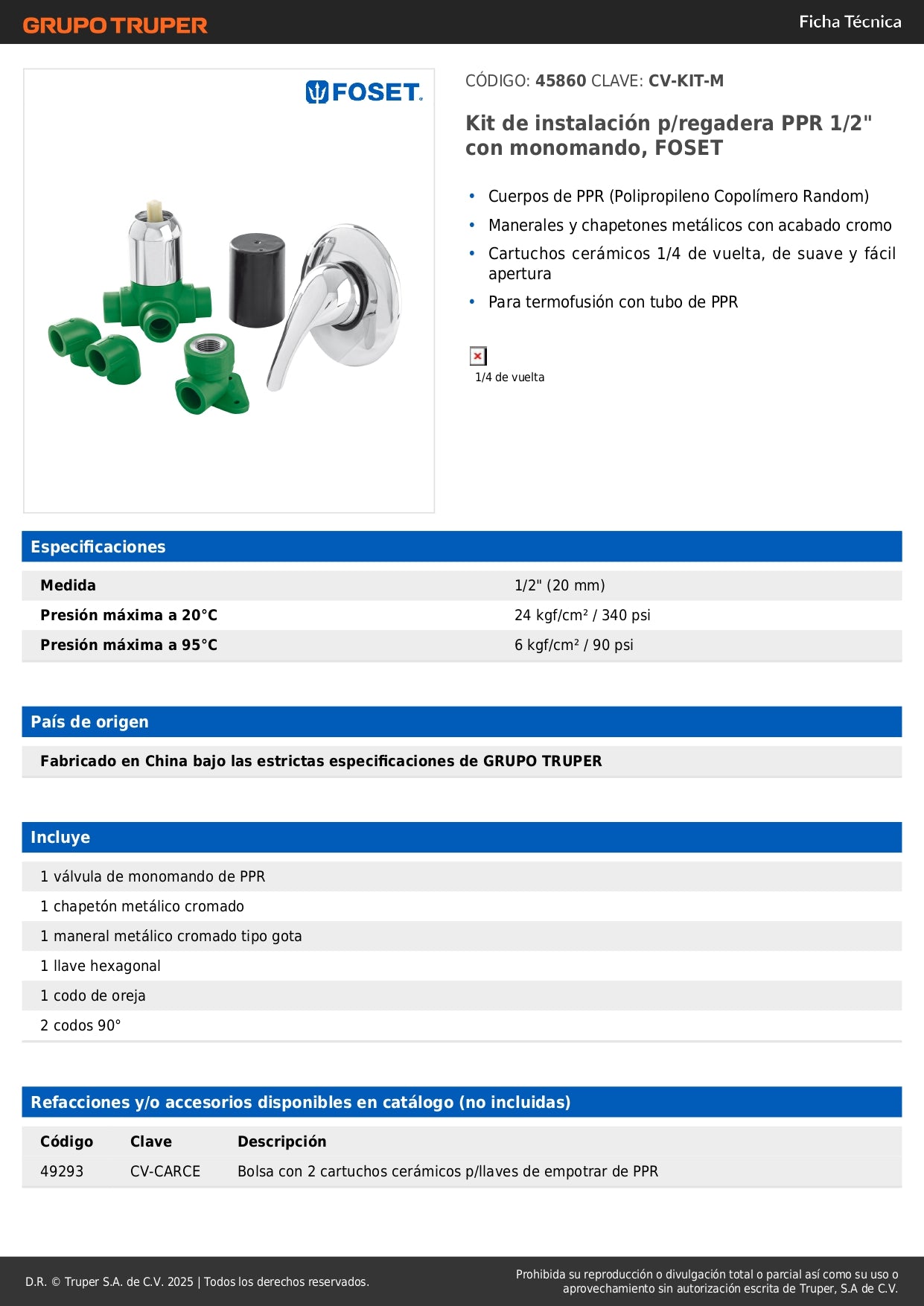 Kit Instalación Regadera PPR 1/2" Monomando FOSET - Código 45860 CV-KIT-M Termofusión