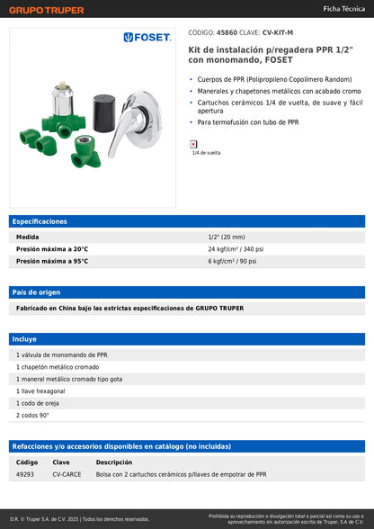 Kit Instalación Regadera PPR 1/2" Monomando FOSET - Código 45860 CV-KIT-M Termofusión