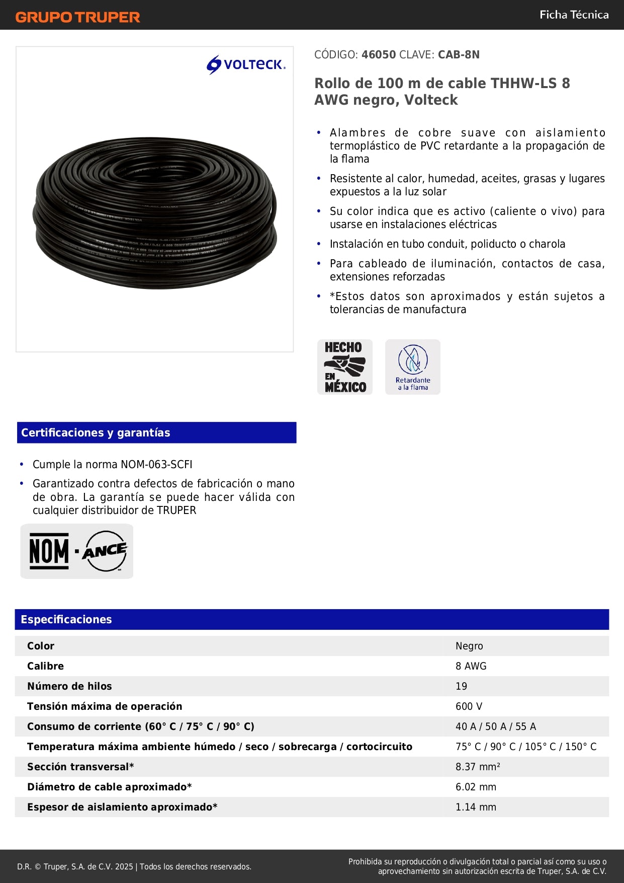 Cable THHW-LS 8 AWG Negro 100m Volteck - Solución Profesional para Instalaciones Eléctricas Seguras