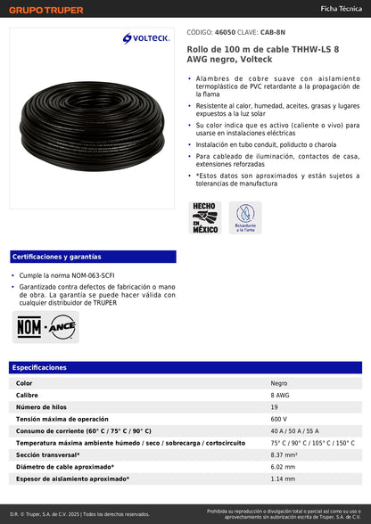 Cable THHW-LS 8 AWG Negro 100m Volteck - Solución Profesional para Instalaciones Eléctricas Seguras