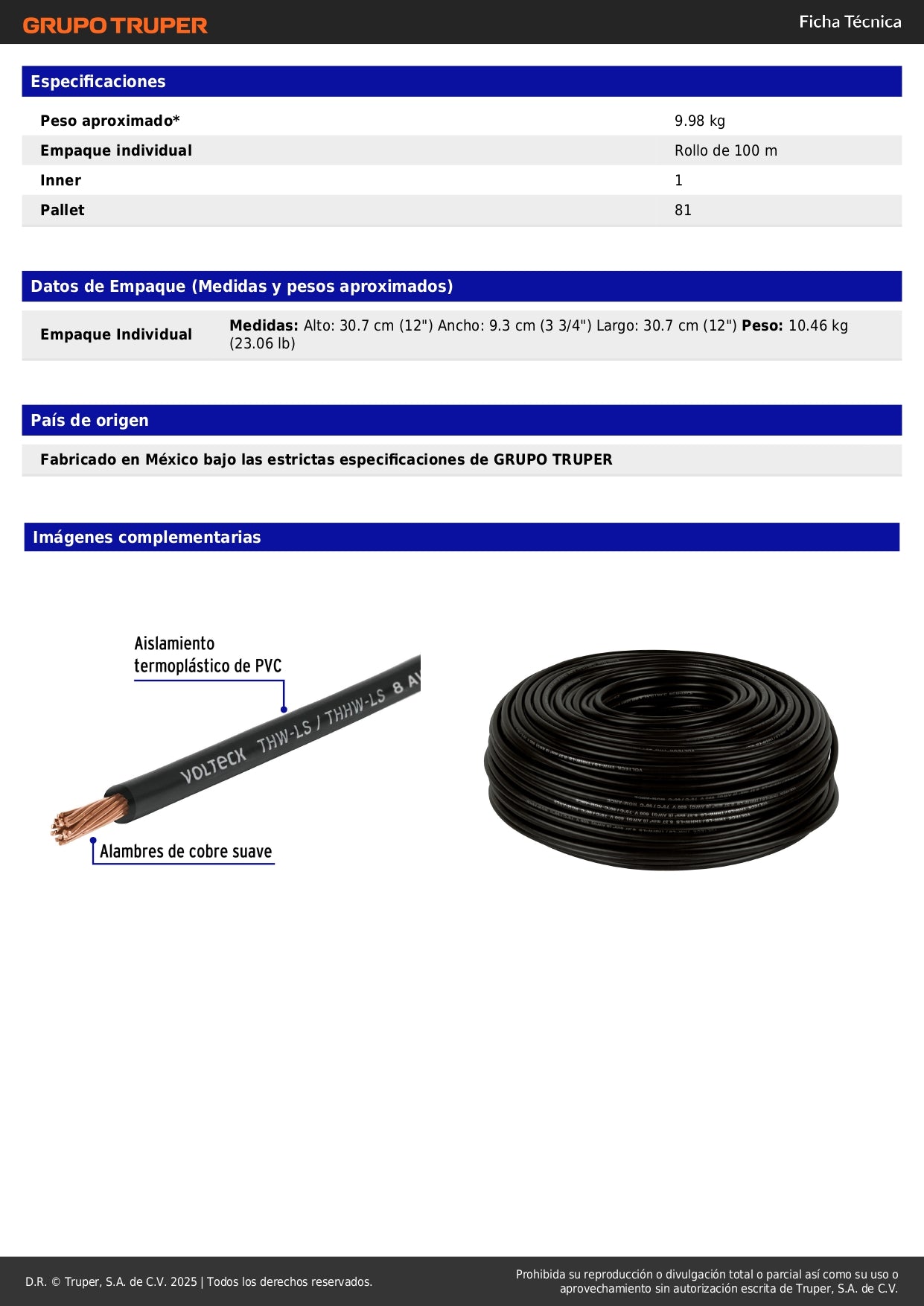 Cable THHW-LS 8 AWG Negro 100m Volteck - Solución Profesional para Instalaciones Eléctricas Seguras