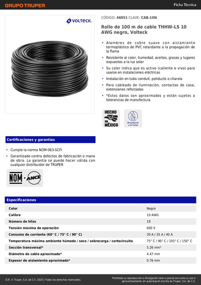 Cable THHW-LS 10 AWG Negro 100m Volteck - Solución Profesional para Instalaciones Eléctricas Seguras
