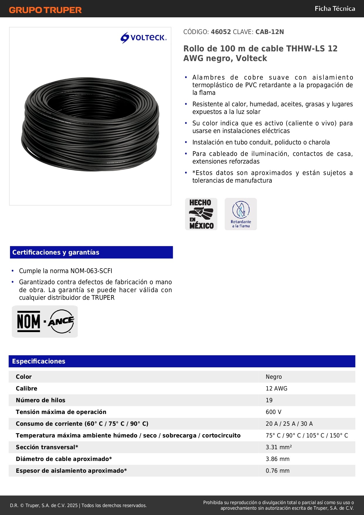 Cable THHW-LS 12 AWG Negro 100m Volteck - Instalación Eléctrica Segura Resistente Calor y Humedad