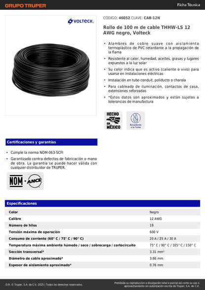Cable THHW-LS 12 AWG Negro 100m Volteck - Instalación Eléctrica Segura Resistente Calor y Humedad
