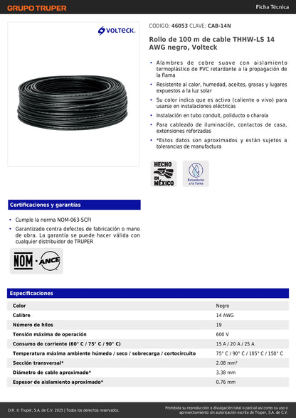 Cable THHW-LS 14 AWG Negro 100m Volteck - Solución Profesional para Instalaciones Eléctricas Residenciales y Comerciales
