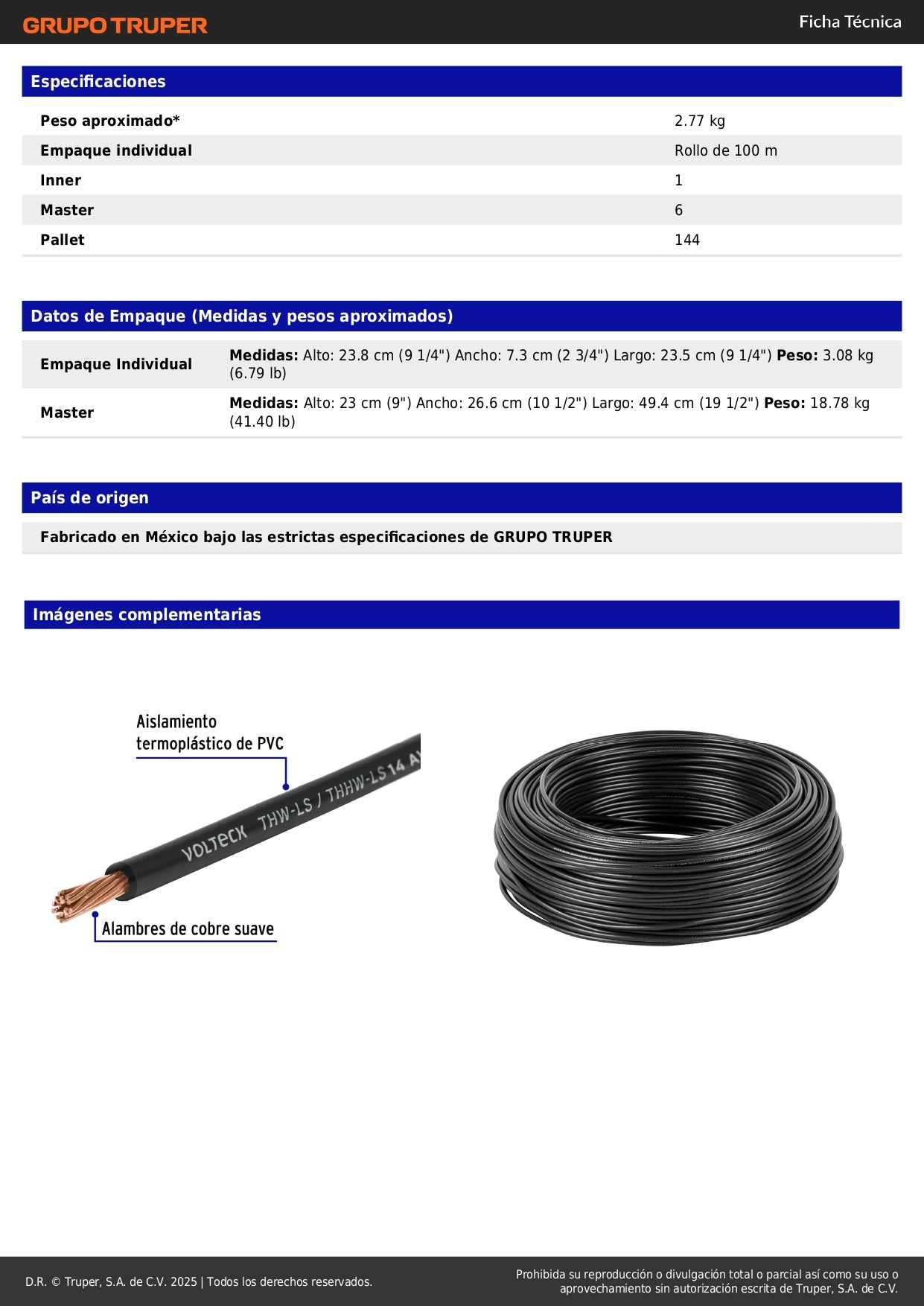 Cable THHW-LS 14 AWG Negro 100m Volteck - Solución Profesional para Instalaciones Eléctricas Residenciales y Comerciales