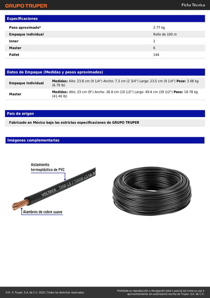 Cable THHW-LS 14 AWG Negro 100m Volteck - Solución Profesional para Instalaciones Eléctricas Residenciales y Comerciales