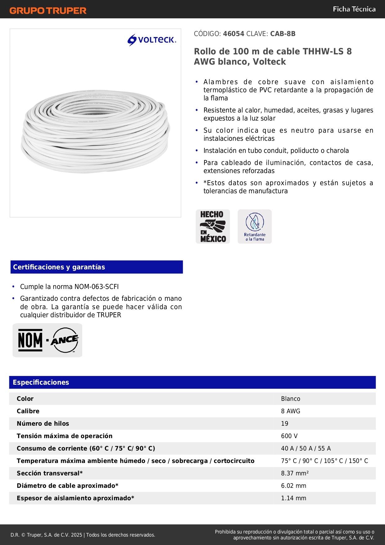 Cable THHW-LS 8 AWG Blanco 100m Volteck - Solución Profesional para Instalaciones Eléctricas Residenciales y Comerciales