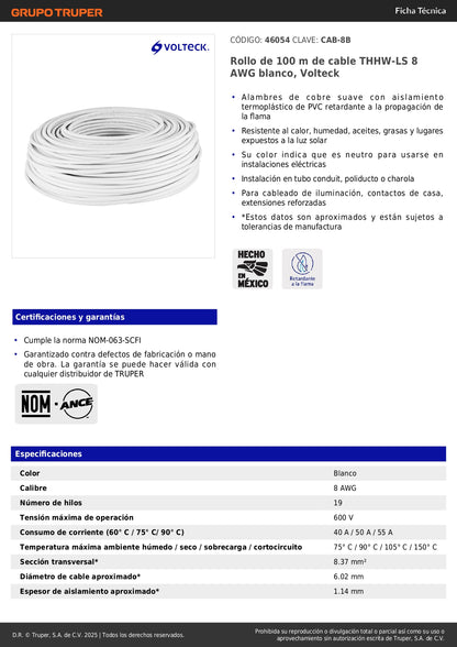 Cable THHW-LS 8 AWG Blanco 100m Volteck - Solución Profesional para Instalaciones Eléctricas Residenciales y Comerciales