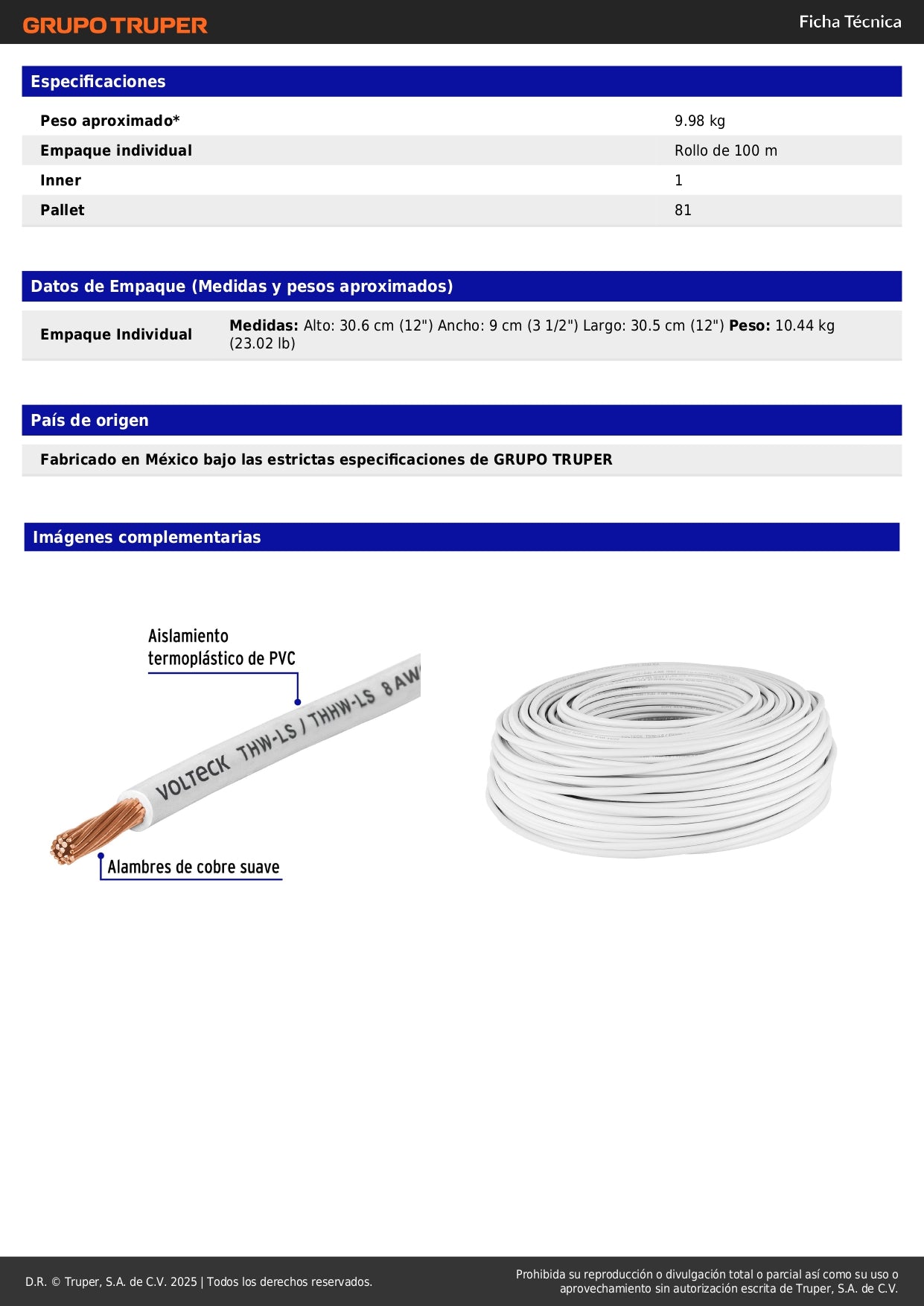 Cable THHW-LS 8 AWG Blanco 100m Volteck - Solución Profesional para Instalaciones Eléctricas Residenciales y Comerciales