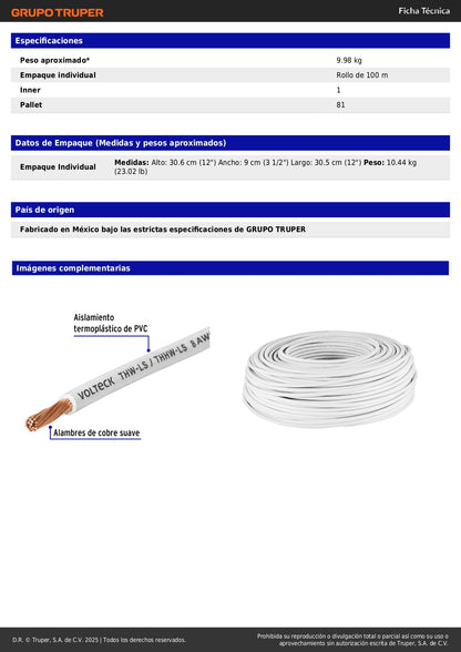 Cable THHW-LS 8 AWG Blanco 100m Volteck - Solución Profesional para Instalaciones Eléctricas Residenciales y Comerciales