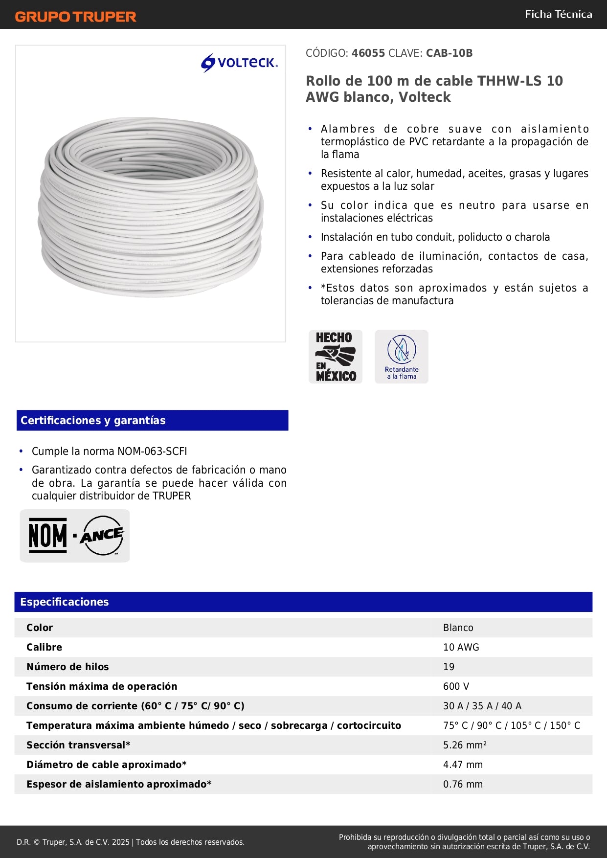 Cable THHW-LS 10 AWG Blanco 100m Volteck - Solución Profesional para Instalaciones Eléctricas Seguras