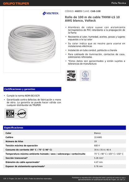 Cable THHW-LS 10 AWG Blanco 100m Volteck - Solución Profesional para Instalaciones Eléctricas Seguras
