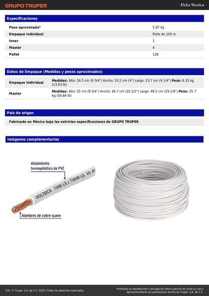 Cable THHW-LS 10 AWG Blanco 100m Volteck - Solución Profesional para Instalaciones Eléctricas Seguras