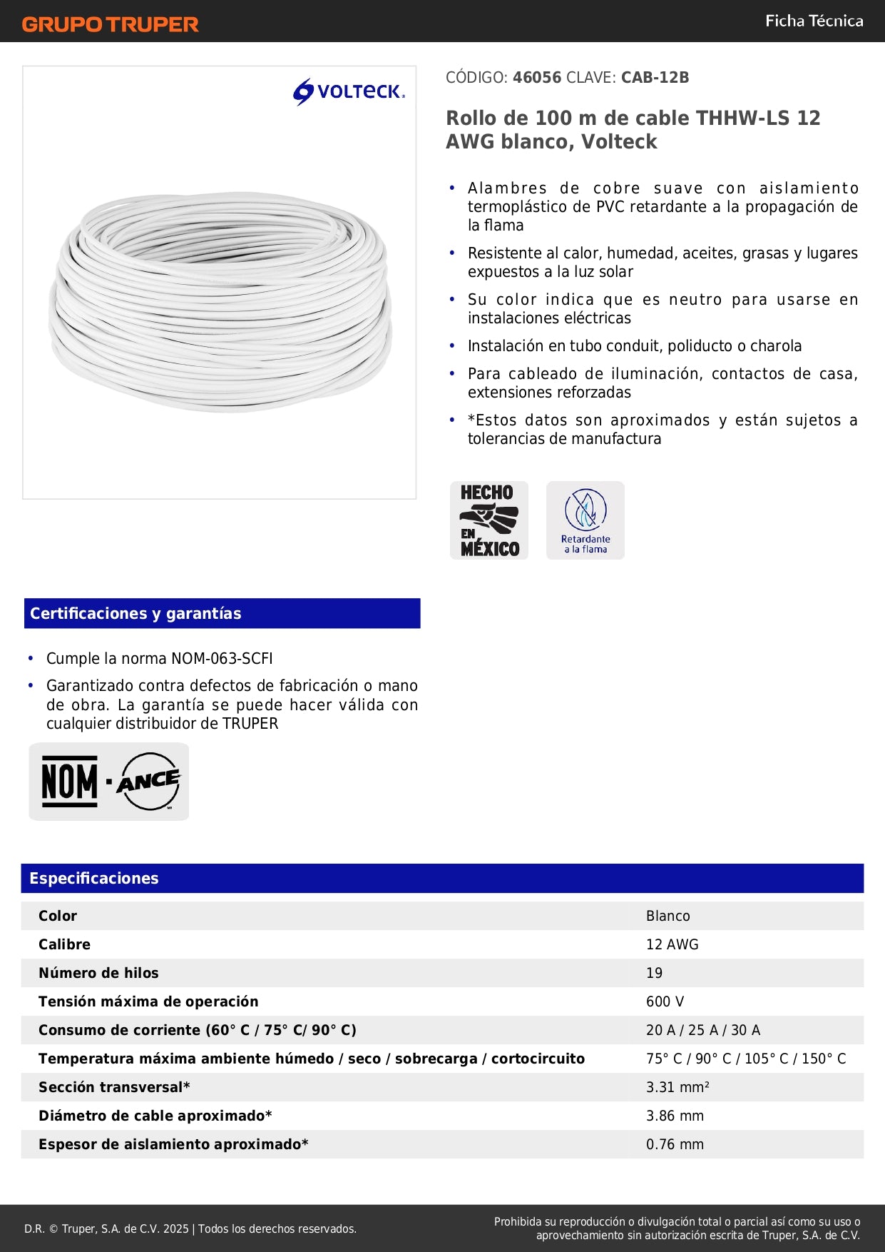 Cable THHW-LS 12 AWG Blanco 100m Volteck - Solución Profesional para Instalaciones Eléctricas Seguras