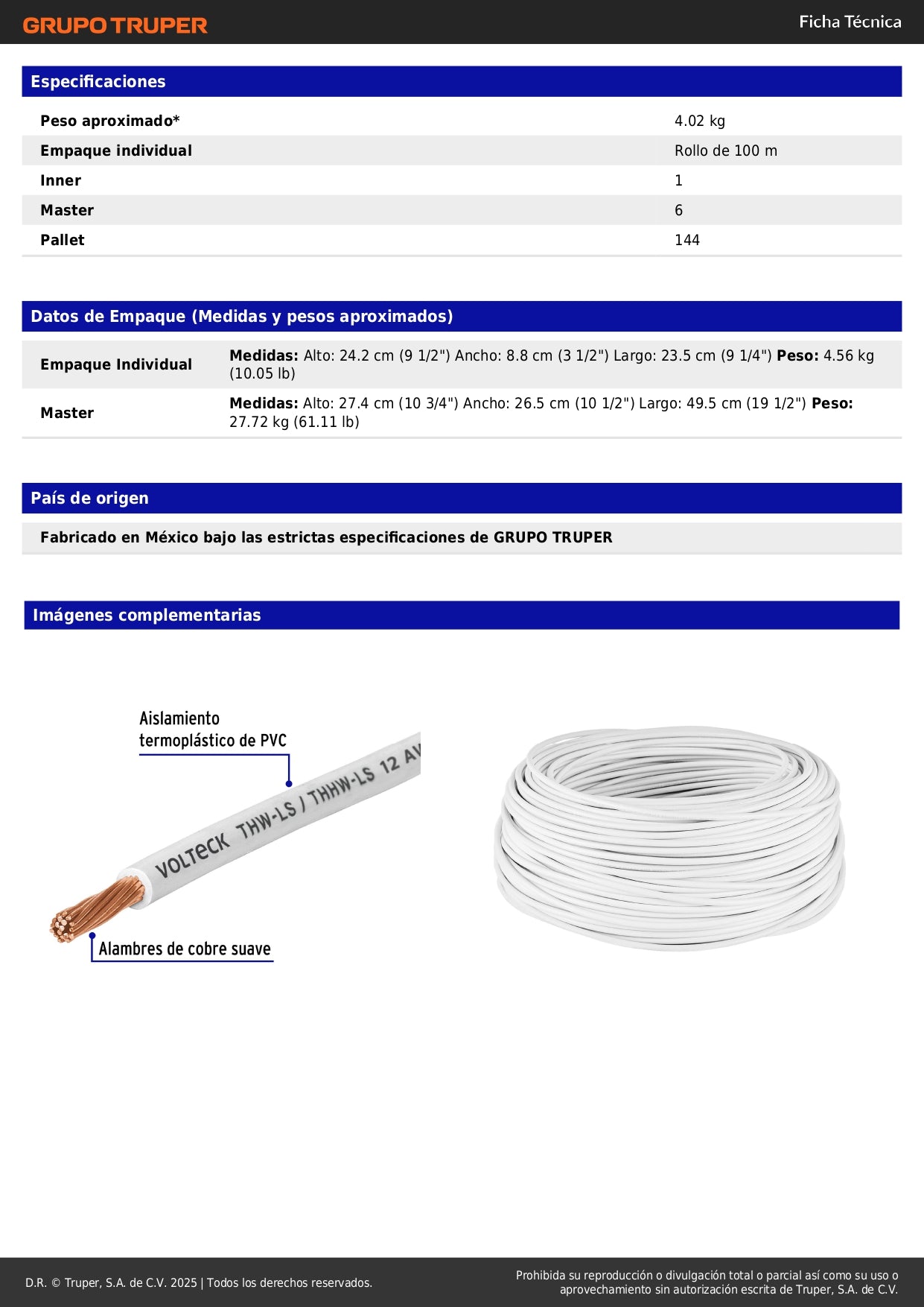 Cable THHW-LS 12 AWG Blanco 100m Volteck - Solución Profesional para Instalaciones Eléctricas Seguras