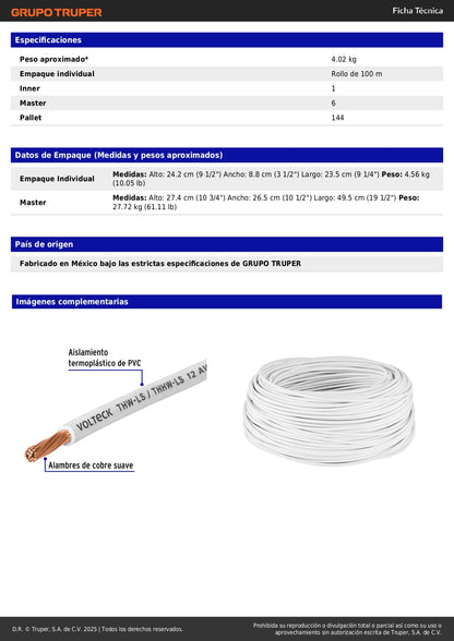 Cable THHW-LS 12 AWG Blanco 100m Volteck - Solución Profesional para Instalaciones Eléctricas Seguras