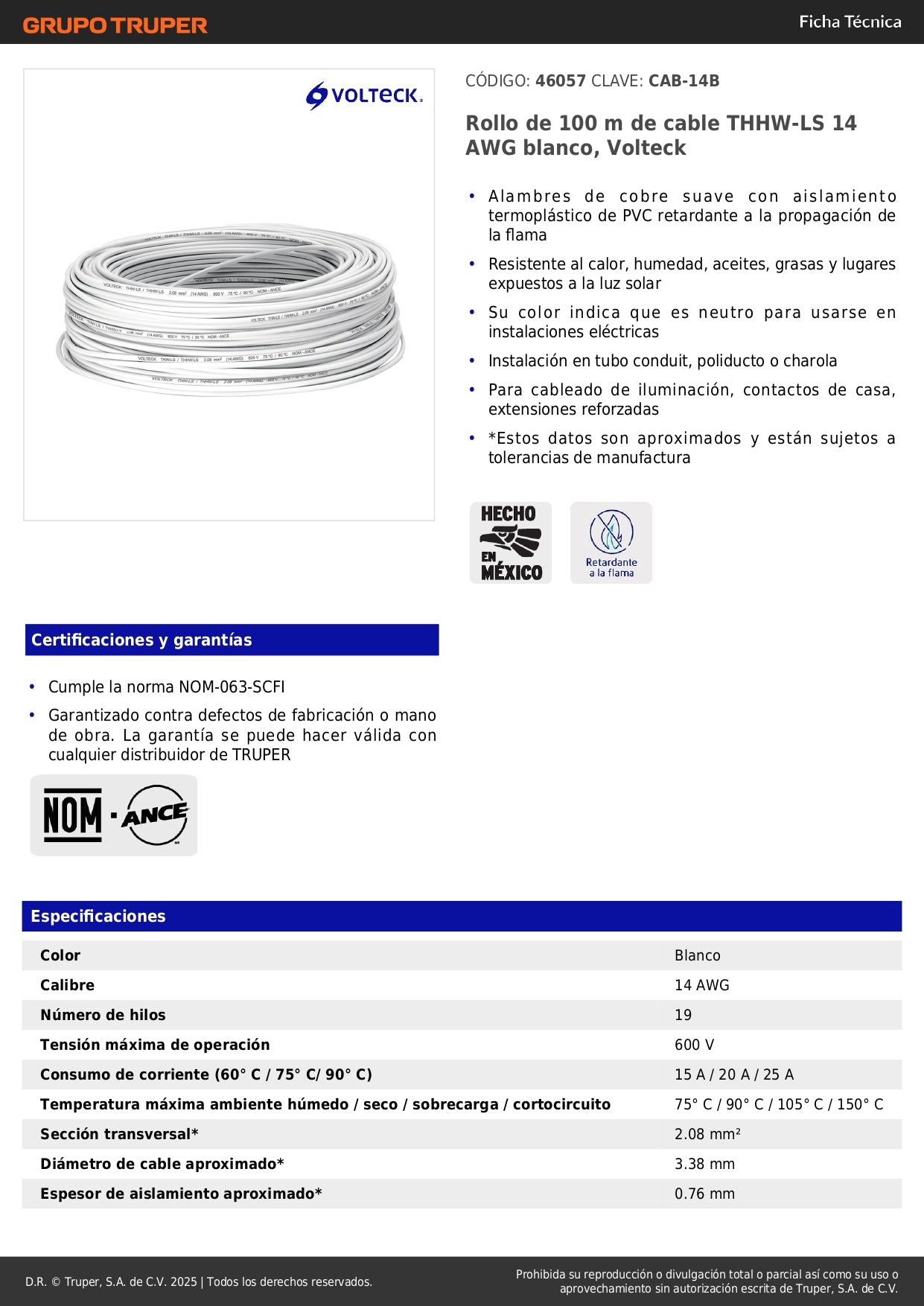 Cable THHW-LS 14 AWG Blanco 100m Volteck - Solución Profesional para Instalaciones Eléctricas Residenciales y Comerciales