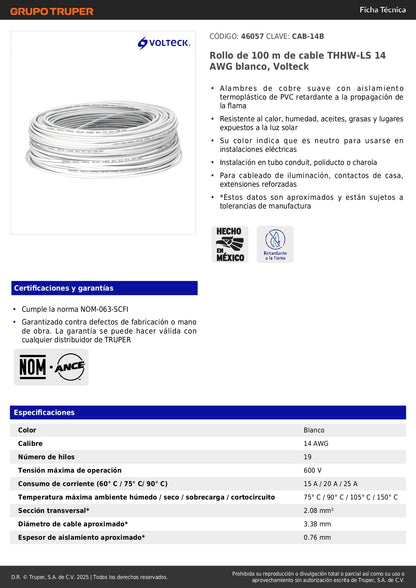 Cable THHW-LS 14 AWG Blanco 100m Volteck - Solución Profesional para Instalaciones Eléctricas Residenciales y Comerciales