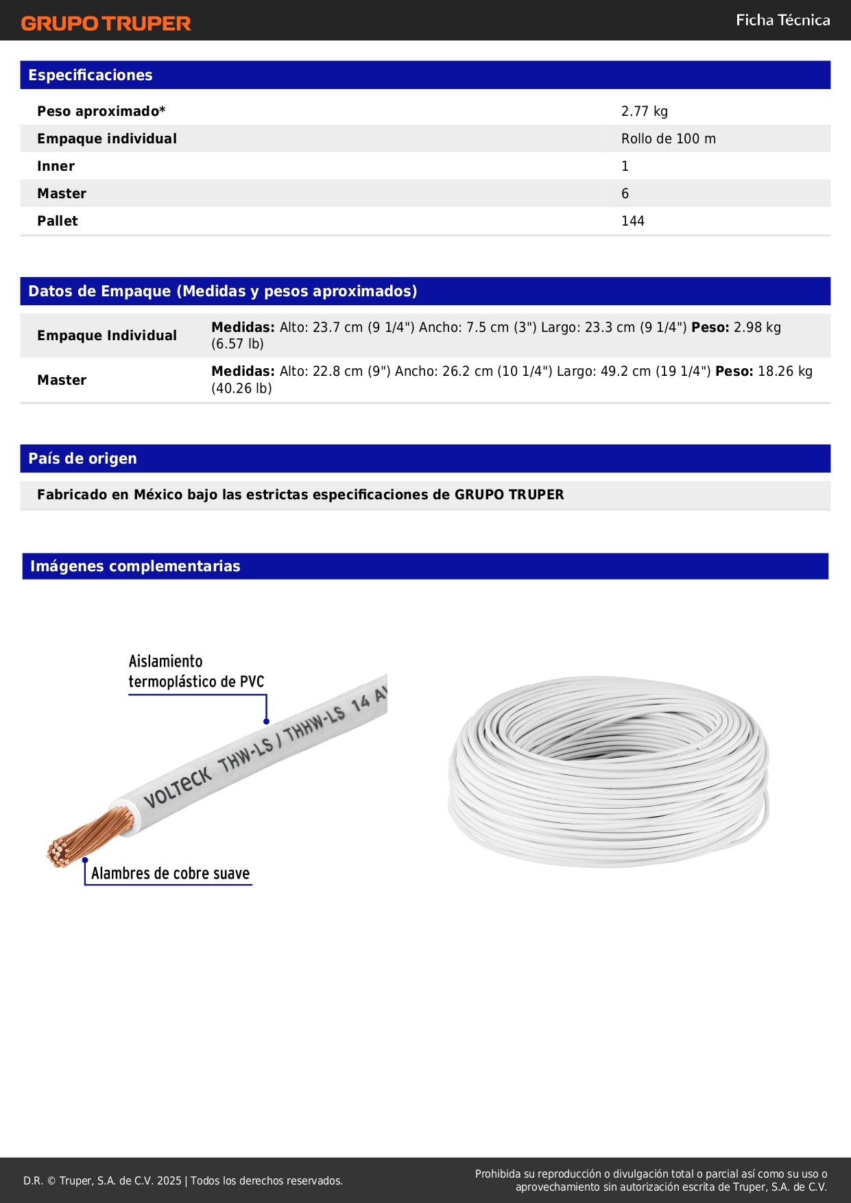 Cable THHW-LS 14 AWG Blanco 100m Volteck - Solución Profesional para Instalaciones Eléctricas Residenciales y Comerciales
