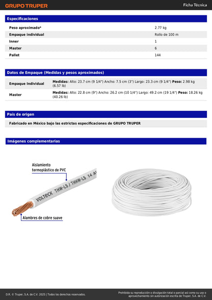 Cable THHW-LS 14 AWG Blanco 100m Volteck - Solución Profesional para Instalaciones Eléctricas Residenciales y Comerciales