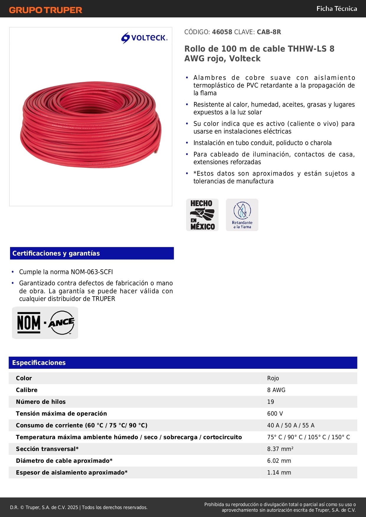 Cable THHW-LS 8 AWG Rojo 100m Volteck - Solución Profesional para Instalaciones Eléctricas Residenciales y Comerciales