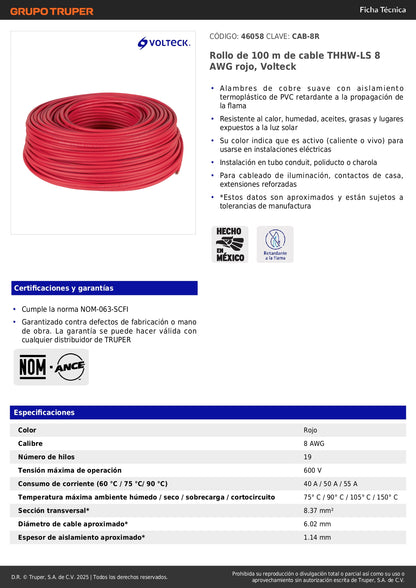 Cable THHW-LS 8 AWG Rojo 100m Volteck - Solución Profesional para Instalaciones Eléctricas Residenciales y Comerciales