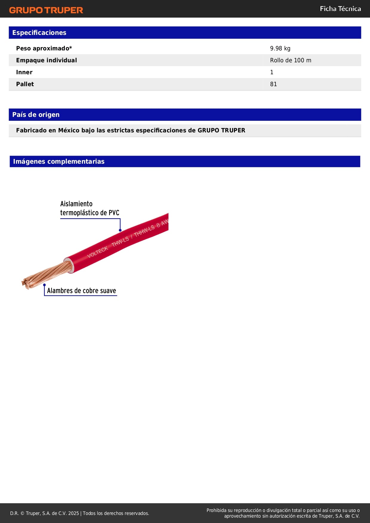 Cable THHW-LS 8 AWG Rojo 100m Volteck - Solución Profesional para Instalaciones Eléctricas Residenciales y Comerciales