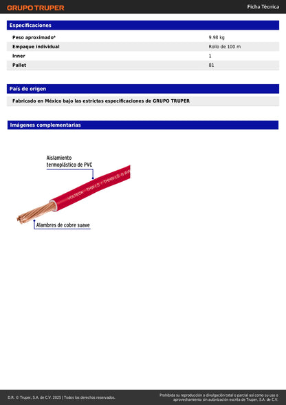 Cable THHW-LS 8 AWG Rojo 100m Volteck - Solución Profesional para Instalaciones Eléctricas Residenciales y Comerciales