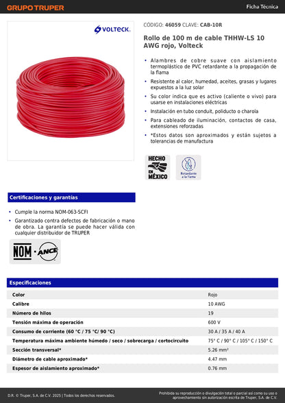 Cable THHW-LS 10 AWG Rojo 100m Volteck - Instalación Eléctrica Segura Resistente Calor y Humedad