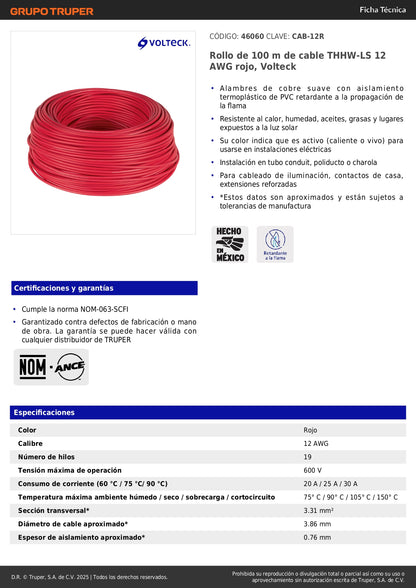 Cable THHW-LS 12 AWG Rojo 100m Volteck - Solución Profesional para Instalaciones Eléctricas Residenciales y Comerciales