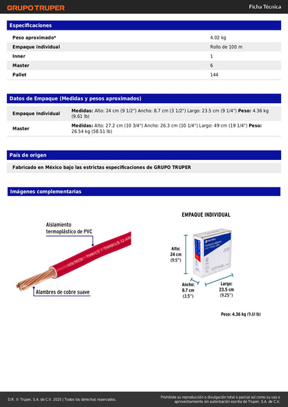 Cable THHW-LS 12 AWG Rojo 100m Volteck - Solución Profesional para Instalaciones Eléctricas Residenciales y Comerciales