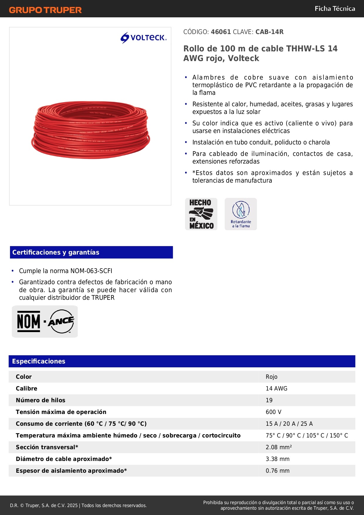 Cable THHW-LS 14 AWG Rojo 100m Volteck - Instalación Eléctrica Segura Resistente Calor y Humedad