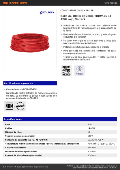 Cable THHW-LS 14 AWG Rojo 100m Volteck - Instalación Eléctrica Segura Resistente Calor y Humedad