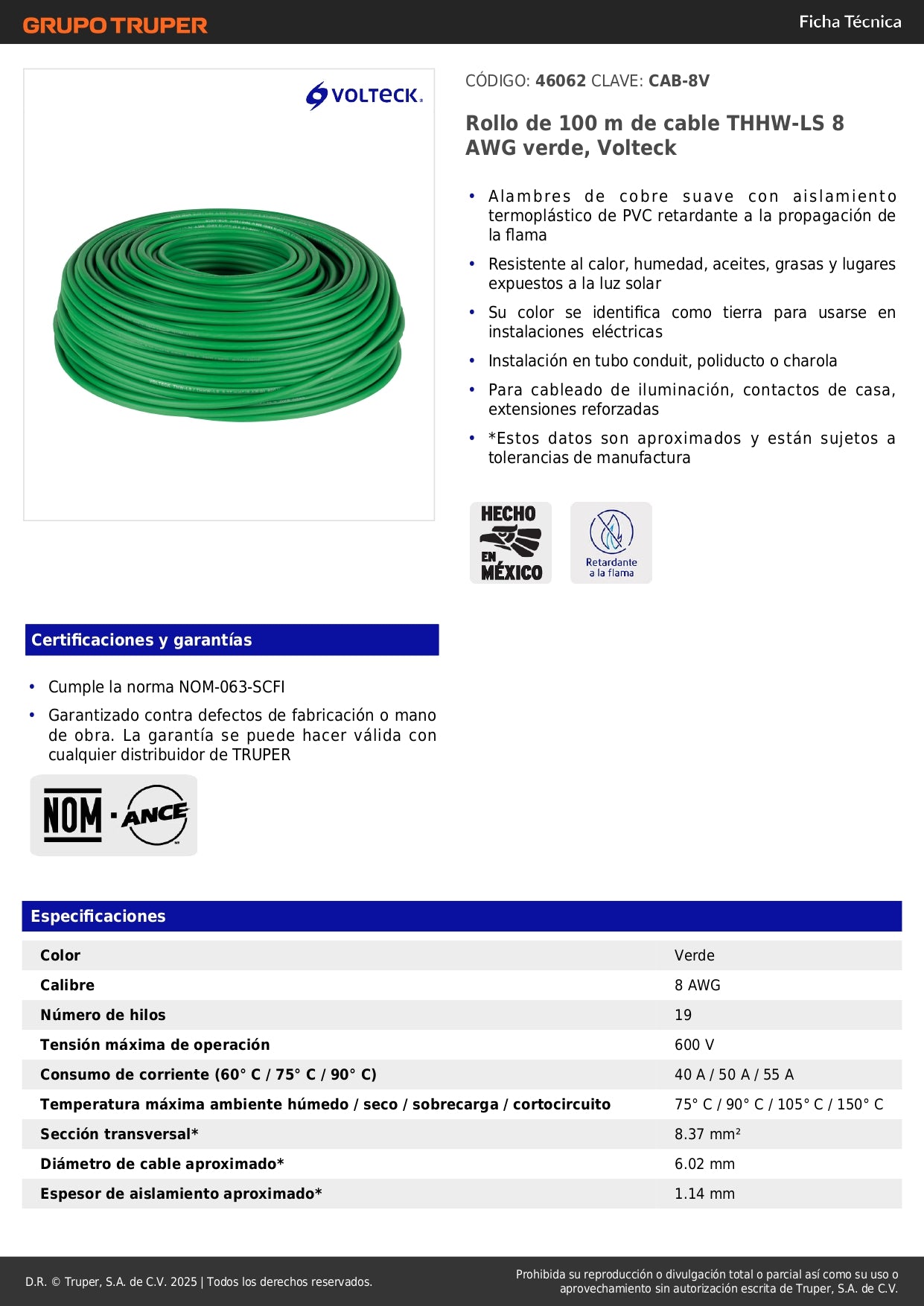 Cable THHW-LS 8 AWG Verde 100m Volteck - Instalación Eléctrica Segura Residencial y Comercial