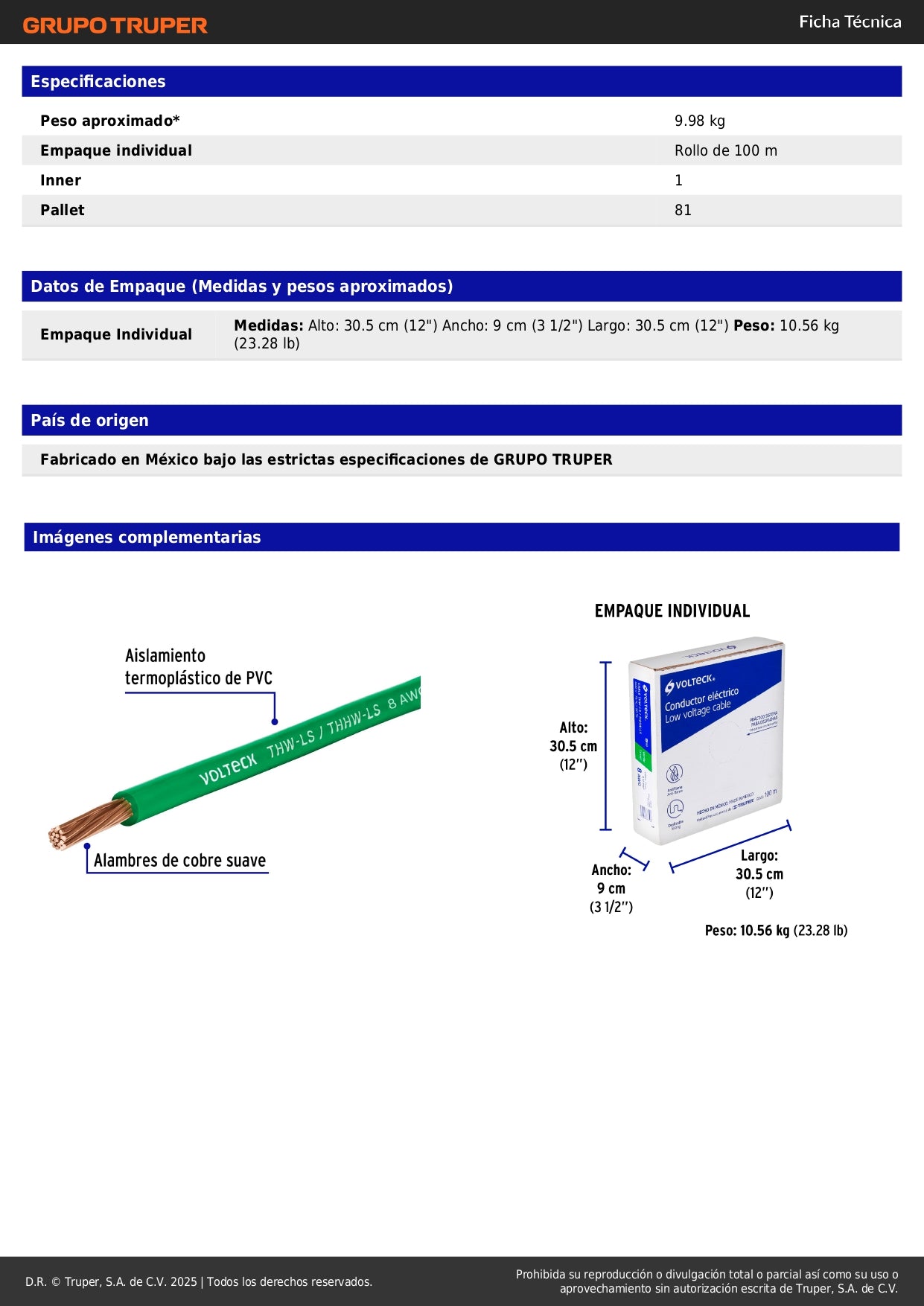 Cable THHW-LS 8 AWG Verde 100m Volteck - Instalación Eléctrica Segura Residencial y Comercial