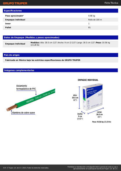 Cable THHW-LS 8 AWG Verde 100m Volteck - Instalación Eléctrica Segura Residencial y Comercial