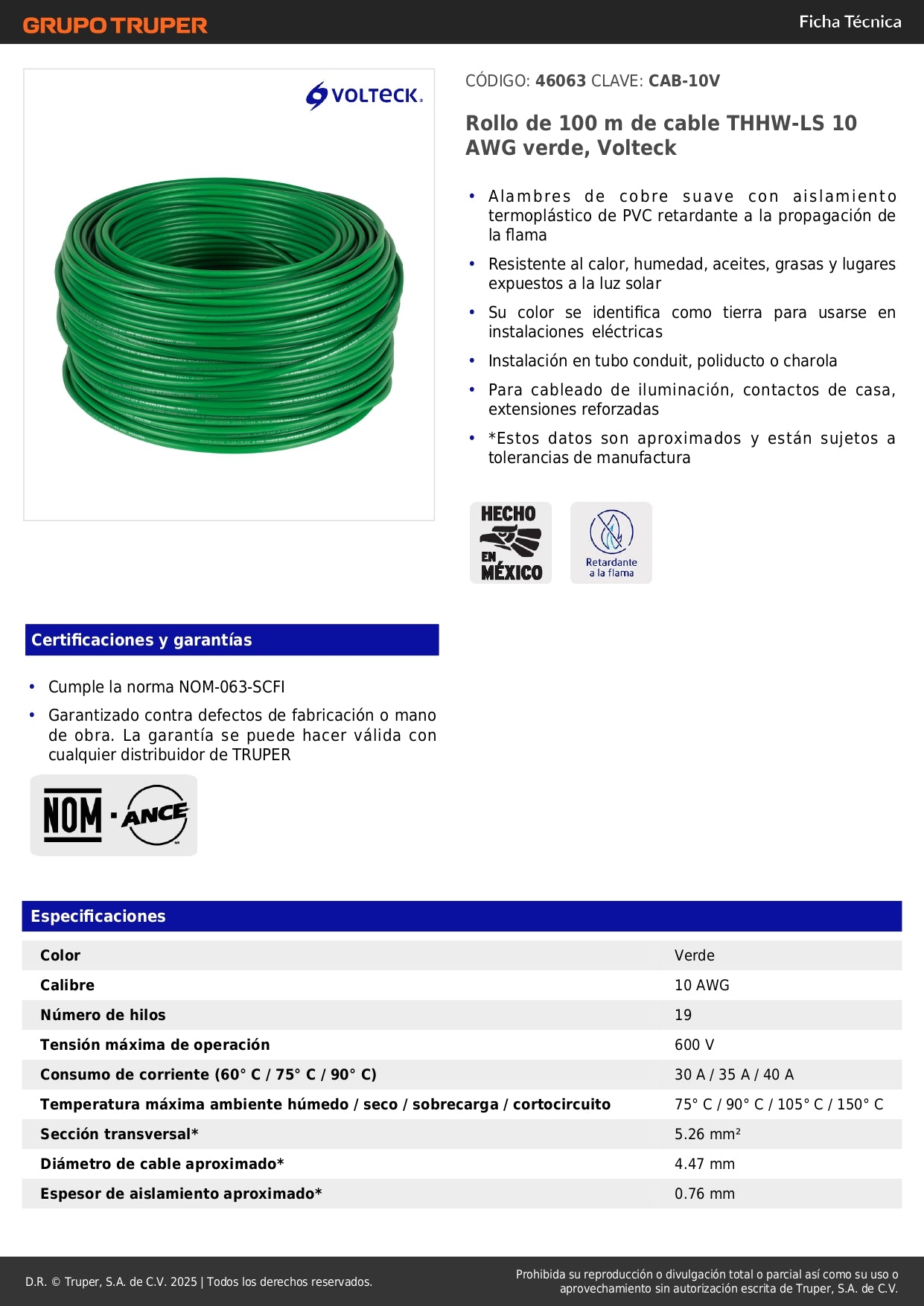 Cable THHW-LS 10 AWG Verde 100m Volteck - Solución Profesional para Instalaciones Eléctricas Seguras